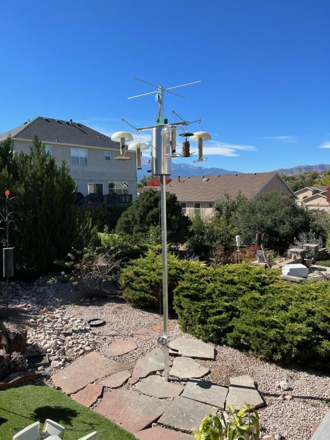 A tall, bear-resistant pole system holds several bird feeders high above the ground in a Colorado Springs backyard, with a hand winch for safely lowering and raising the feeders.
