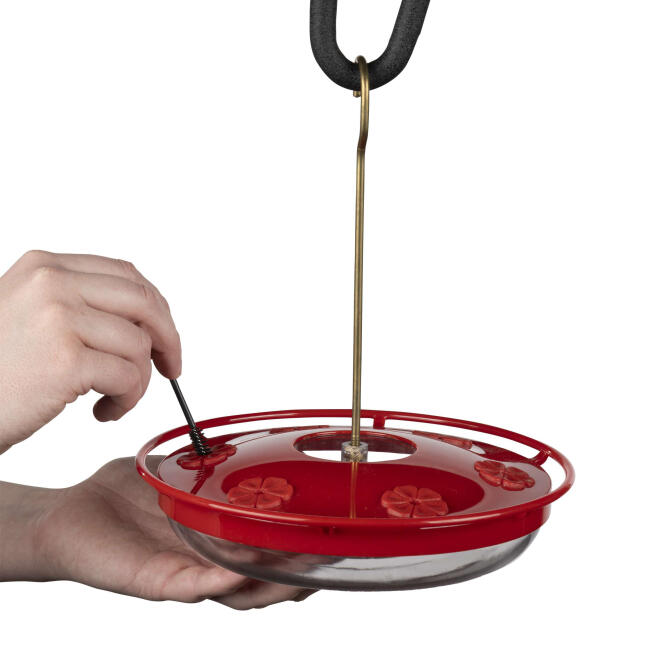 A person uses a small cleaning brush to scrub the flower-shaped feeding port of a red saucer-style hummingbird feeder.