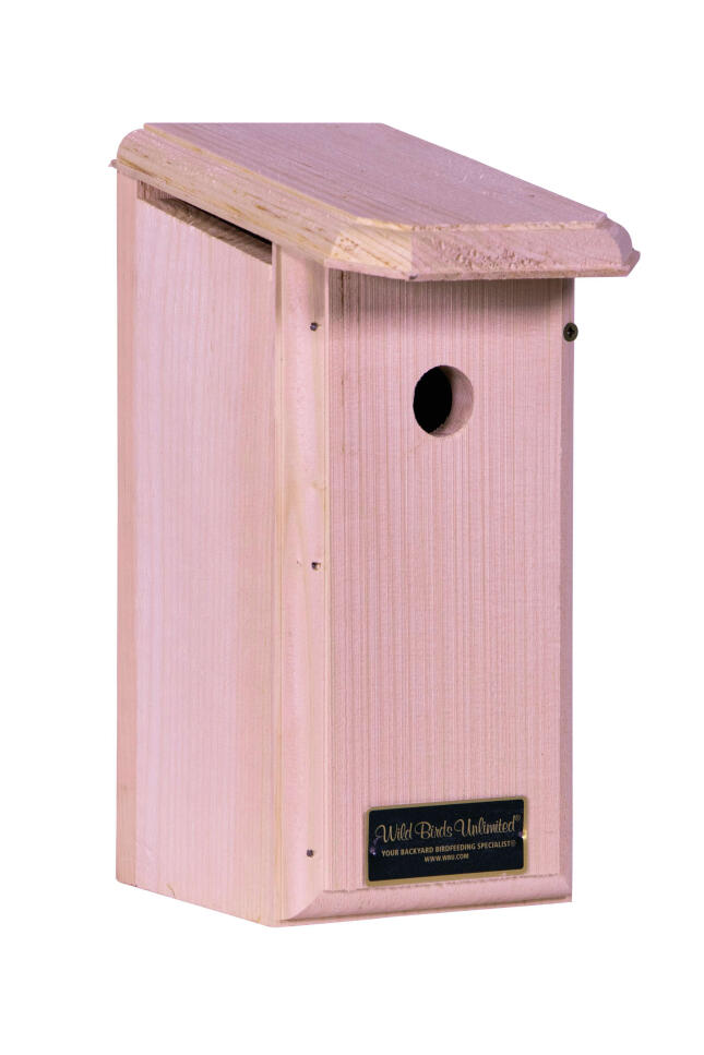 Unfinished wooden birdhouse with a sloped roof, round entrance hole, and front-opening panel against a white background.