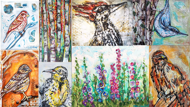Collage of colorful bird, wildflower, and aspen paintings by local artist Ren&eacute;e Darling.