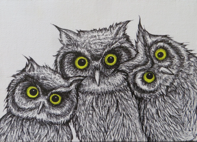 Whimsical pen-and-ink artwork of three owls with bright green eyes by Colorado artist Kelly Green.