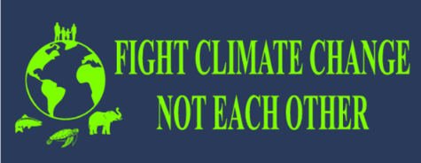 Green illustration of Earth surrounded by people and wildlife with the words “Fight Climate Change, Not Each Other” on a dark blue background.