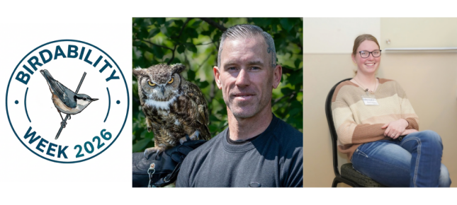 Birdability Week 2026 logo beside photos of Bryan with a Great Horned Owl perched on his gloved hand and Meridith smiling while seated.